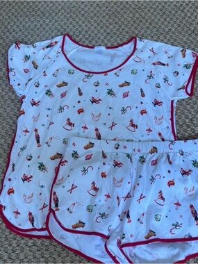 Women's Holiday Print White Short Pajama Set with Red Trim